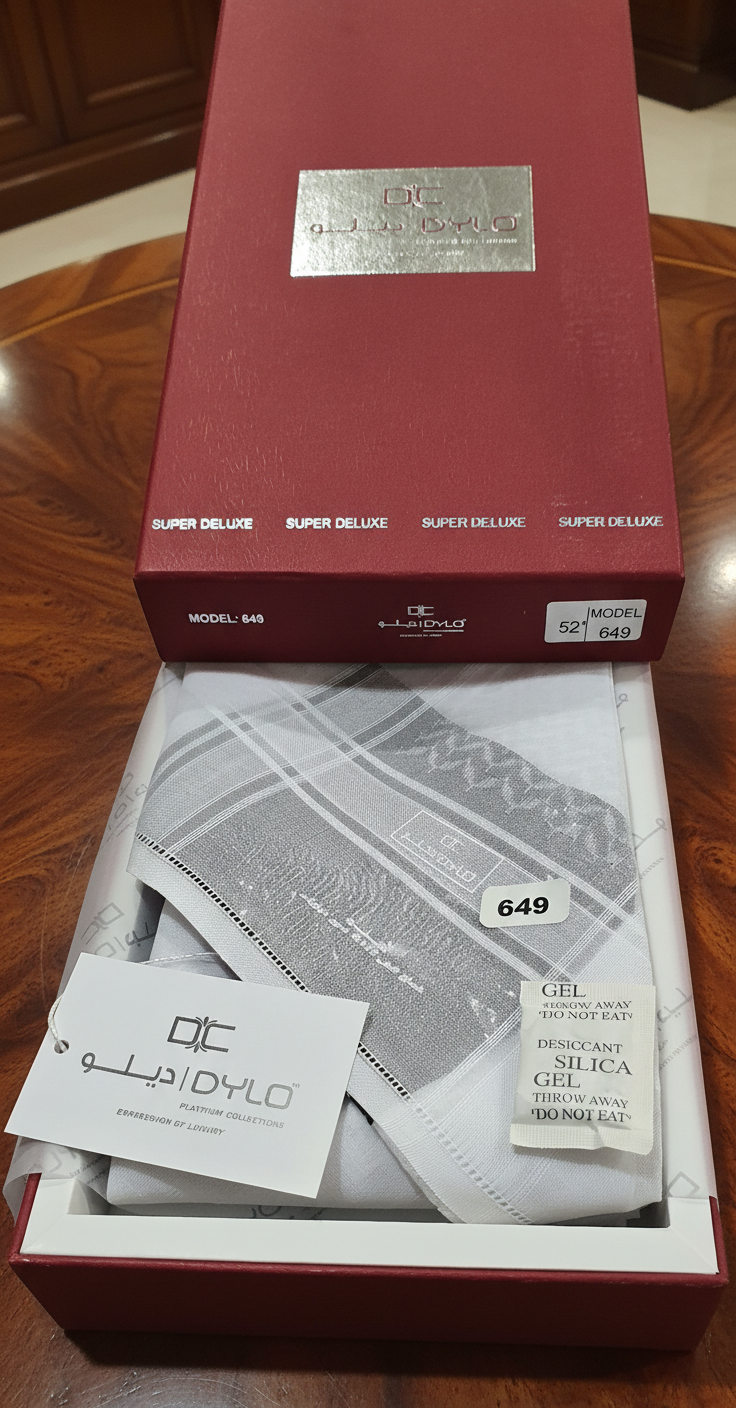 DYLO Collection Shemagh Model 649 – White Arabic Ghutra Headwear 100% Cotton Super Deluxe شماغ من مجموعة ديلو، موديل 649 - غطاء رأس أبيض عربي، قطن 100%، فاخر للغاية - Image 2