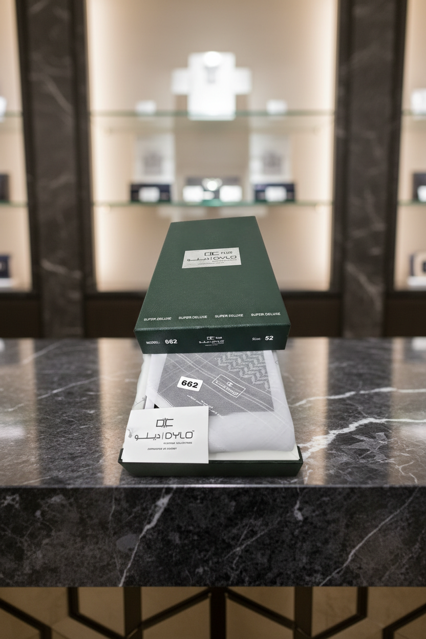 DYLO Collection Shemagh Model 662 – White Arabic Ghutra | 100% Cotton Super Deluxe شماغ من مجموعة ديلو، موديل 662 - غترة عربية بيضاء | قطن فاخر 100% - Image 3