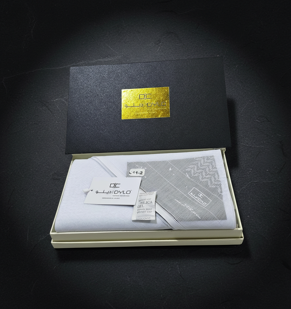 DYLO Collection Shemagh Model 611-2 White Arabic Ghutra Headwear 100% Cotton مجموعة ديلو، شماغ موديل 611-2، غطاء رأس أبيض عربي، قطن 100% - Image 4