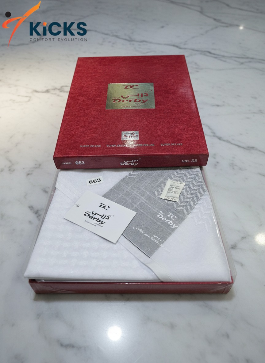 DERBY Collection Shemagh Model 663 – White Arabic Ghutra | 100% Cotton Super Deluxe شماغ من مجموعة ديربي، موديل 663 - غترة عربية بيضاء، قطن 100%، فاخر للغاية - Image 2