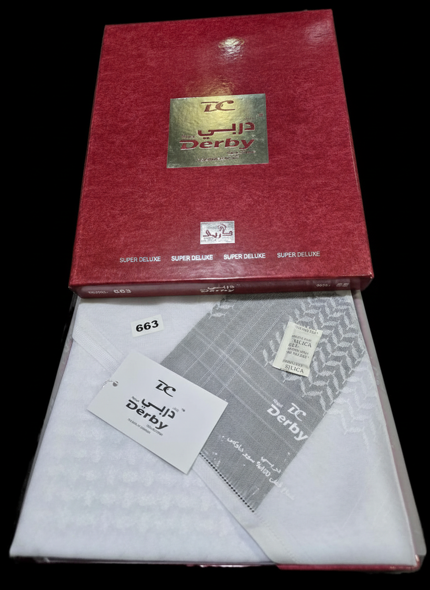 DERBY Collection Shemagh Model 663 – White Arabic Ghutra | 100% Cotton Super Deluxe شماغ من مجموعة ديربي، موديل 663 - غترة عربية بيضاء، قطن 100%، فاخر للغاية - Image 4