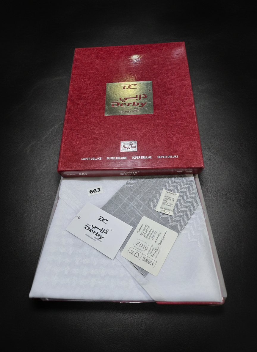 DERBY Collection Shemagh Model 663 – White Arabic Ghutra | 100% Cotton Super Deluxe شماغ من مجموعة ديربي، موديل 663 - غترة عربية بيضاء، قطن 100%، فاخر للغاية - Image 5
